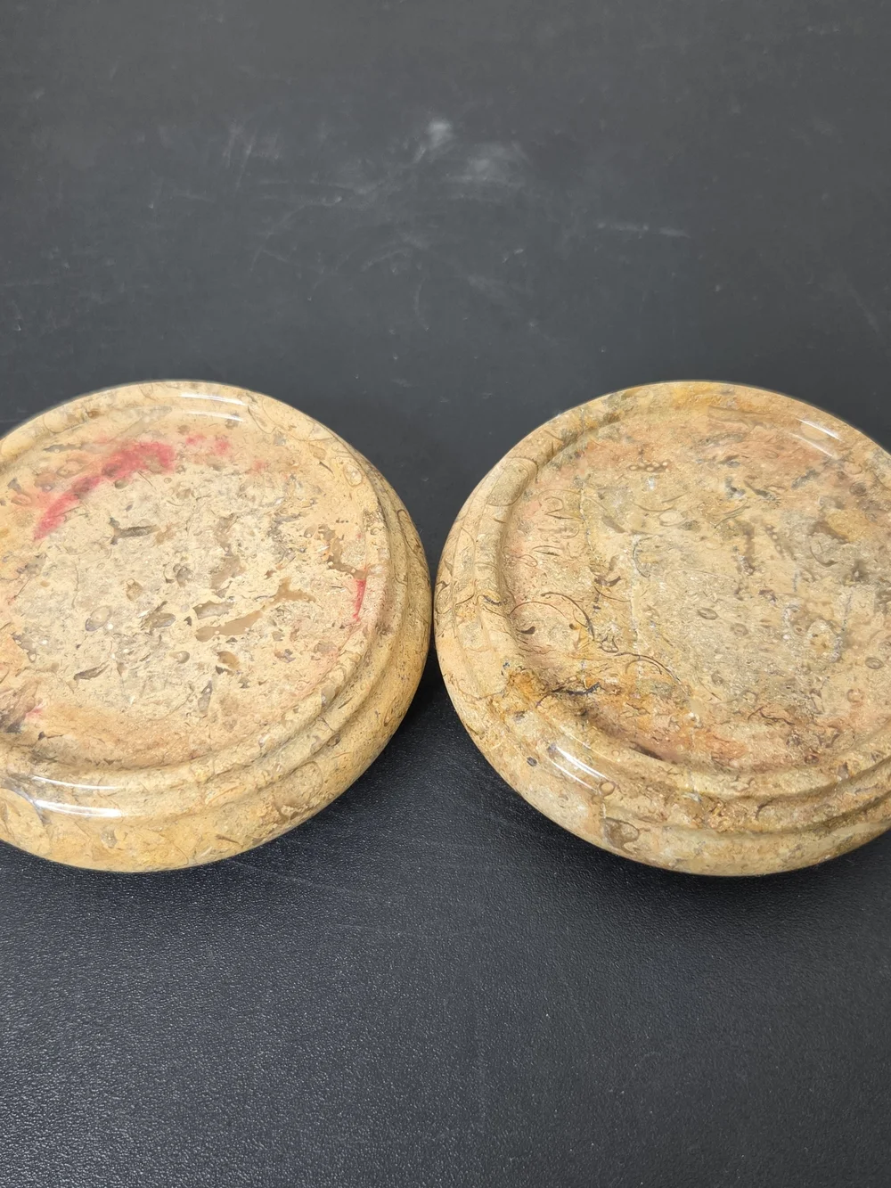 Vintage Footed Natural Fossil Stone Display Stands Or Candle Pedestals